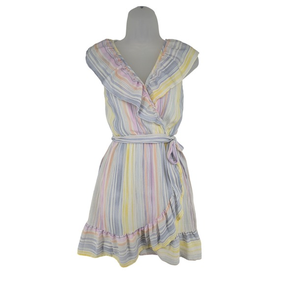 LC Lauren Conrad Dresses & Skirts - Lauren Conrad Small Pastel Striped Ruffle Faux Wrap Dress Sleeveless Mini V-Neck